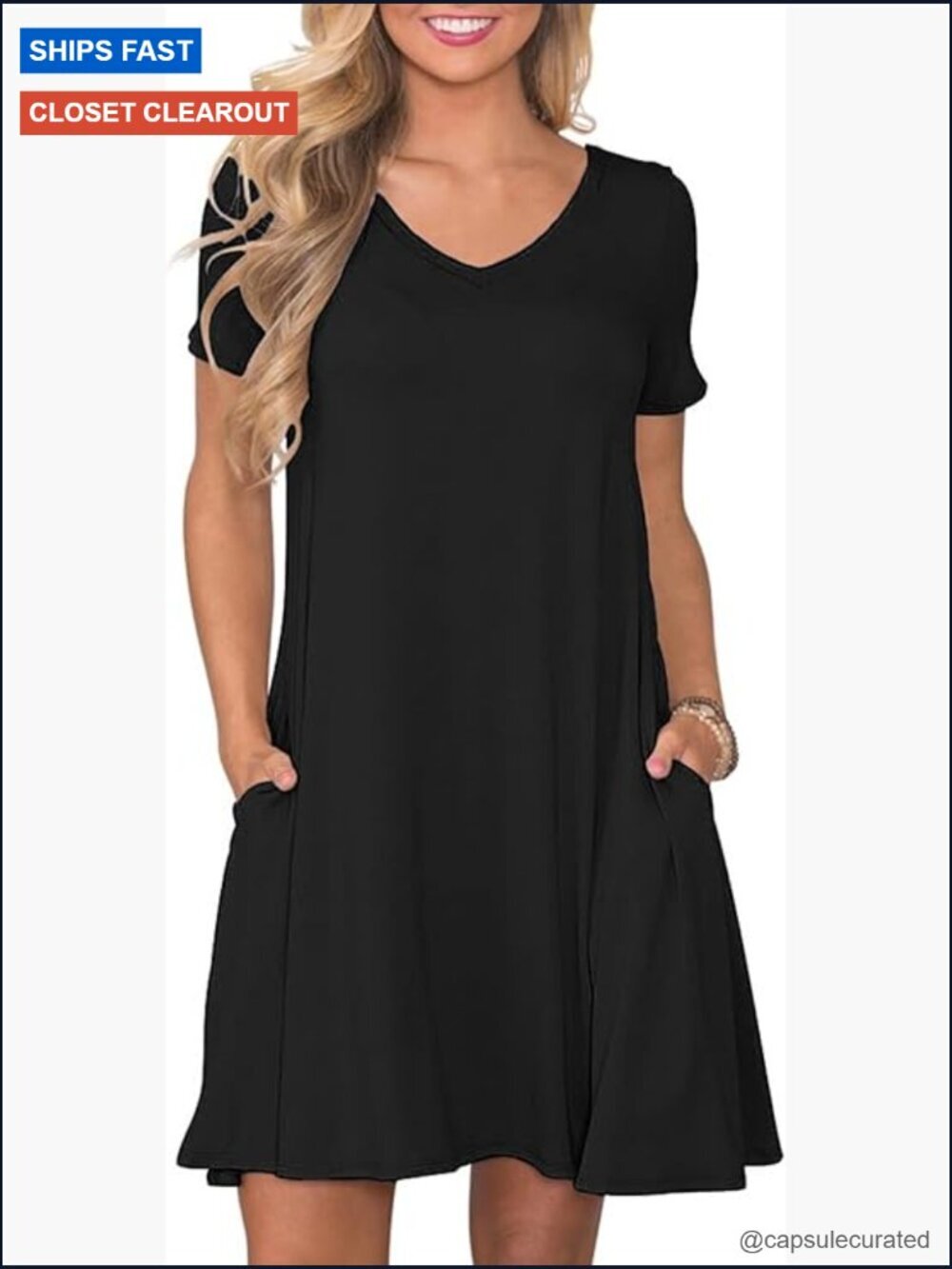 Women's Short Sleeve V-Neck Swing Dress with Pockets Casual Sundress
